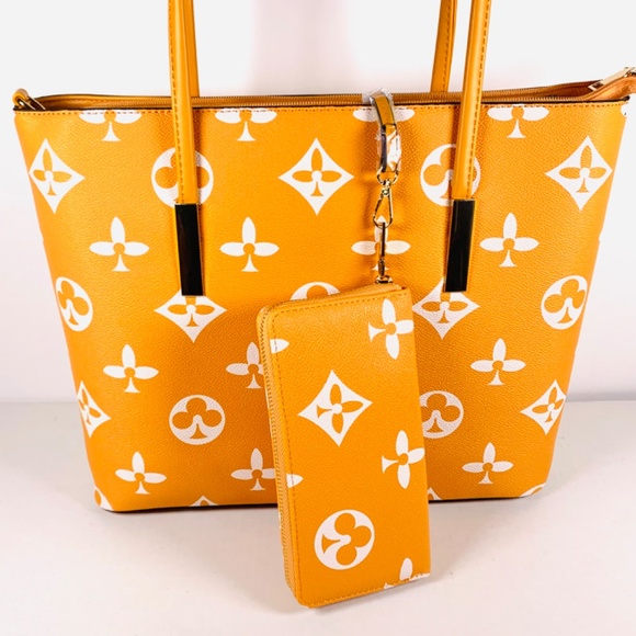 Trendy orange/white monogram pattern tote shoulder crossbody bag/wallet set gold - Picture 3 of 14